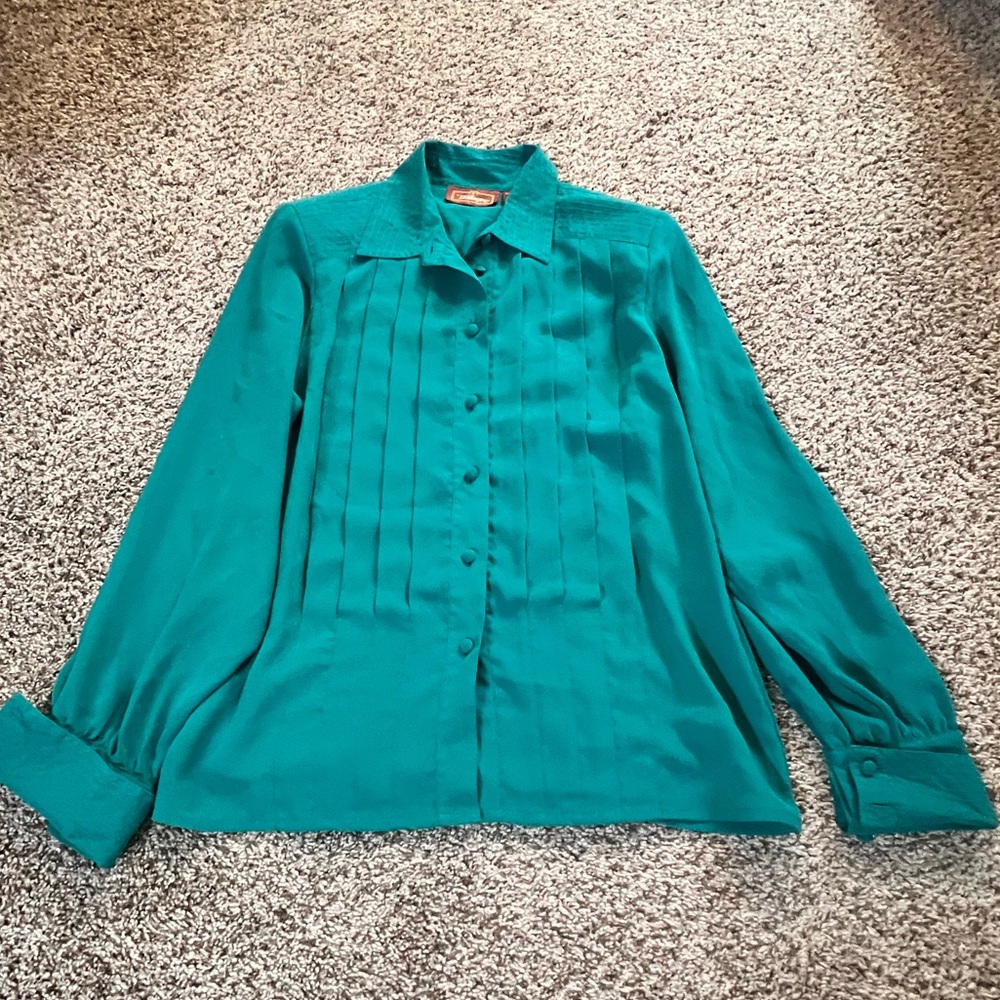 Vintage Worthington Blouse Womens Turquoise Career Button Up Retro Size 10